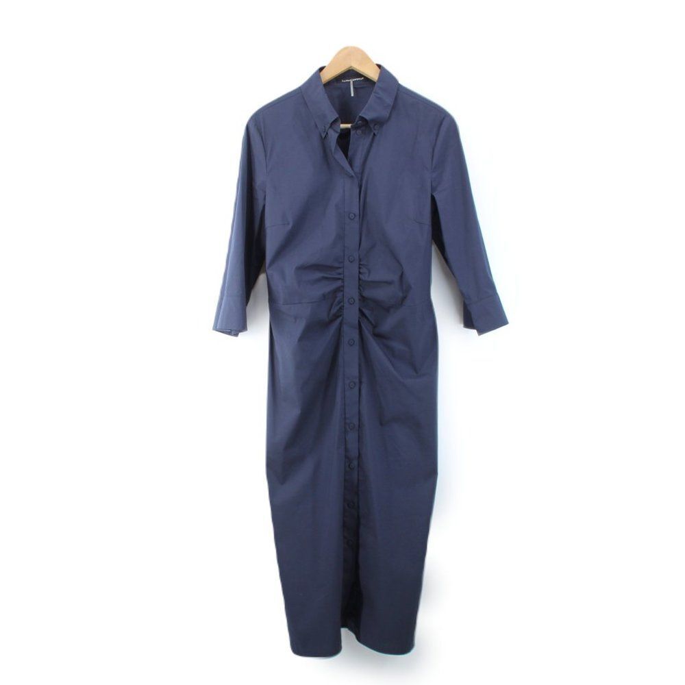 LUISA CERANO Dark Blue Cotton Stretch Shirt Dress Ruched Front Button Midi SZ 10 - Picture 6 of 15